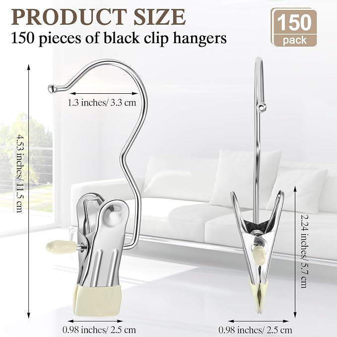 Yinder 150 Pcs Boot Hangers Clips Laundry Hooks Hanging Stainless Steel Clothes Pins Portable Clip Hangers for Closet Travel Socks Pants Handbags Hats Towels (Beige)