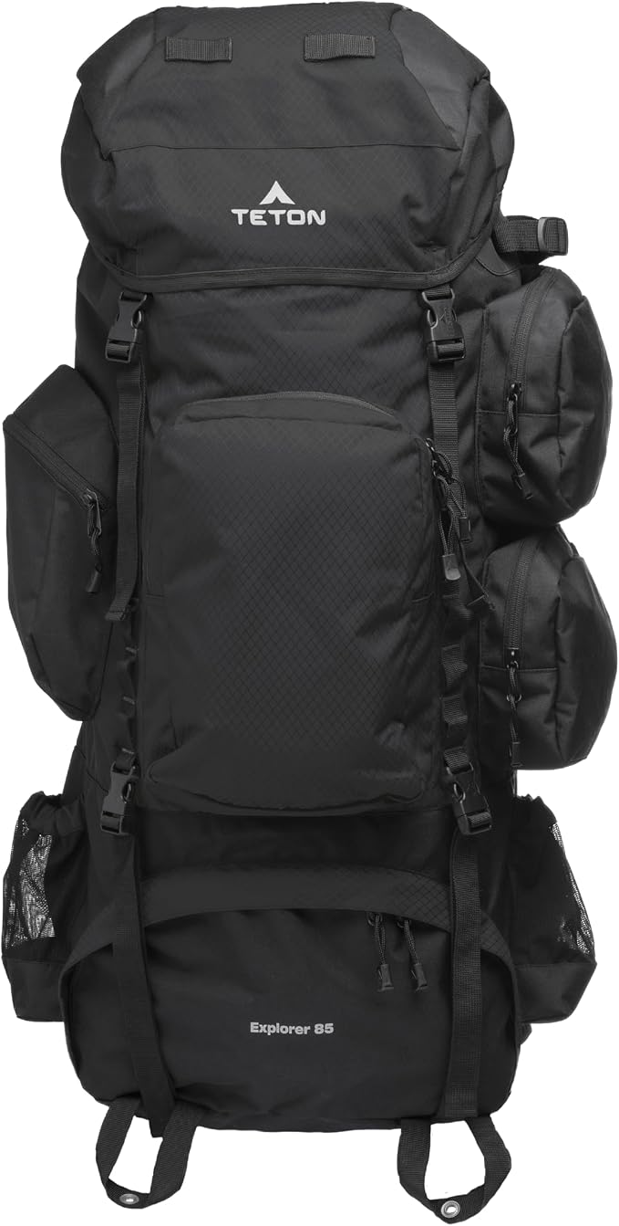 Teton 85L Explorer Internal Frame Backpack for Hiking, Camping, Backpacking, Rain Cover Included, Black