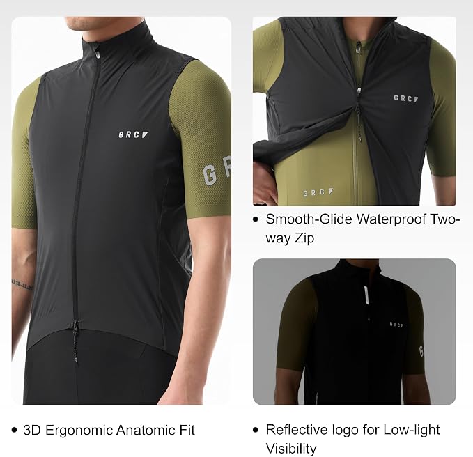 GRC Men's Windproof Cycling Vest, Running & Bike Vests with Two-way Zipper, Lightweight Sleeveless Windbreaker for Outdoors