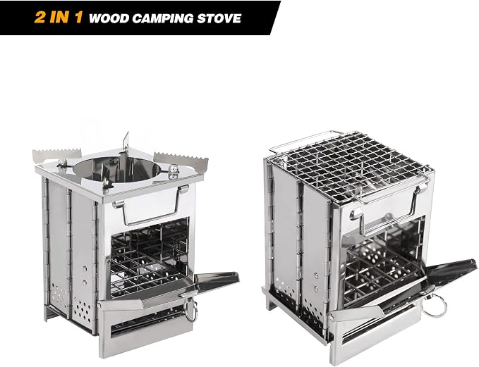 REDCAMP Wood Burning Folding Camp Stove Stainless Steel Grid and Pot Stand, Portable Collapsible Backpacking Stove Survival Rocket Stove for Hiking Outdoor Tent Camping Picnic, Samll with Pot Stand