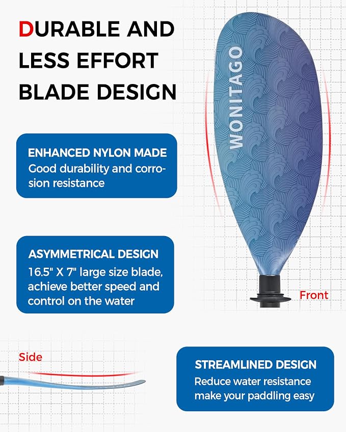 Kayak Paddle with Fiberglass Shaft and Reinforced Nylon Blade, Adjustable Kayaking Oars, 3 Piece, 230-250 cm/90-98 inches, 210-230 cm/82-90 inches
