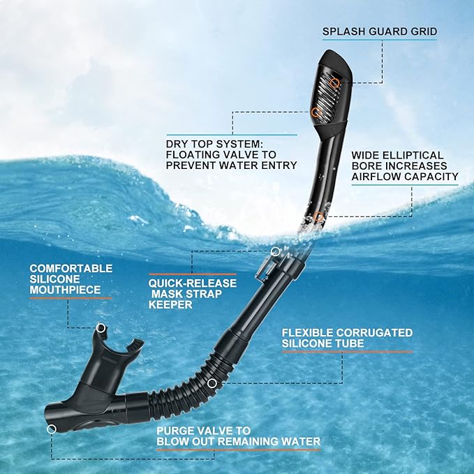 Odoland Snorkel Set, Adults Snorkeling Packages with Dry Top Diving Mask, Adjustable Swim Fins, Mesh Bag, Anti-Fog Anti-Leak Snorkeling Gear for Men Women
