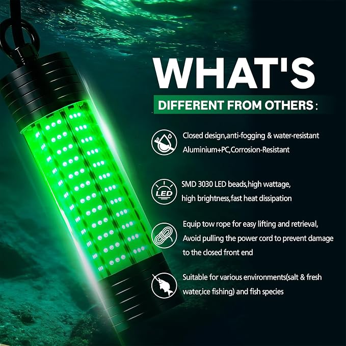 150W 20000LM Green Underwater Fishing Light,Submersible LED Light with Tow Rope for Dock Boat Shore Night Fishing,Fresh & Salt Water Fish Attractor Light 33ft Cable