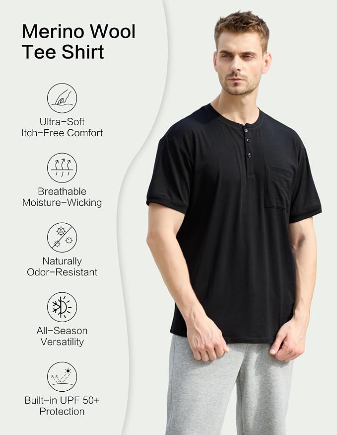 Merino Wool Crewneck T Shirts for Men for Athletic Running Workout, Lightweight Mens Moisture Wicking Shirts