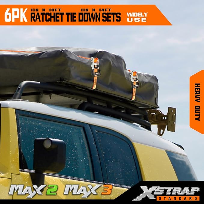 XSTRAP STANDARD 6-Pack Ratchet Tie Down Straps Set - 1 Inch 4 x 14ft & 2 x 10ft Tie-Down, 3300 lbs Break Strength Heavy Duty Cargo Straps with Coated S-Hooks for Moving, Motorcycle, Truck, Trailer