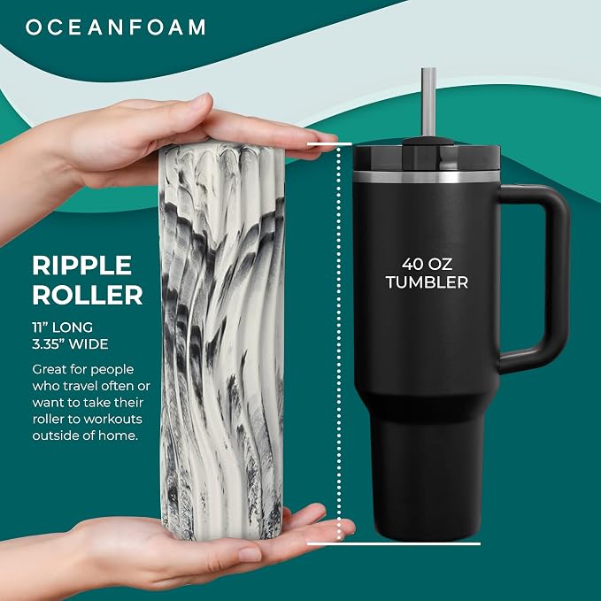 Oceanfoam Ripple Travel Foam Roller (11" x 3.35") Firm Mini Foam Roller for Physical Therapy, Deep Tissue Massage, Back Pain - High Density, Ergonomic Wave Textured - Yoga, Exercise (Black Marbled)