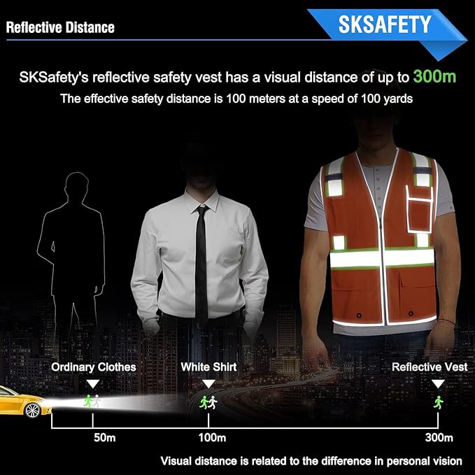 SKSAFETY 10/12 Pockets Safety Vest - Class 2 High Visibility Security with Zipper Double-sided mesh, Hi Vis Vest with Reflective Strips, ANSI/ISEA Standard, Construction Work Vest （Orange）