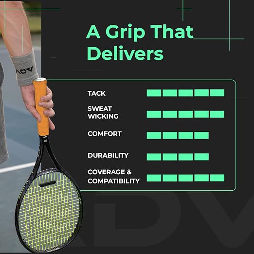 ADV MaxTac Tacky Tennis Overgrip - 12 Pack Extremely Sticky Non-Slip Tennis Grips Overgrip - Razor-Thin & Easy to Use Pro Tennis Racquet Grip Tape (12-Pack Orange)