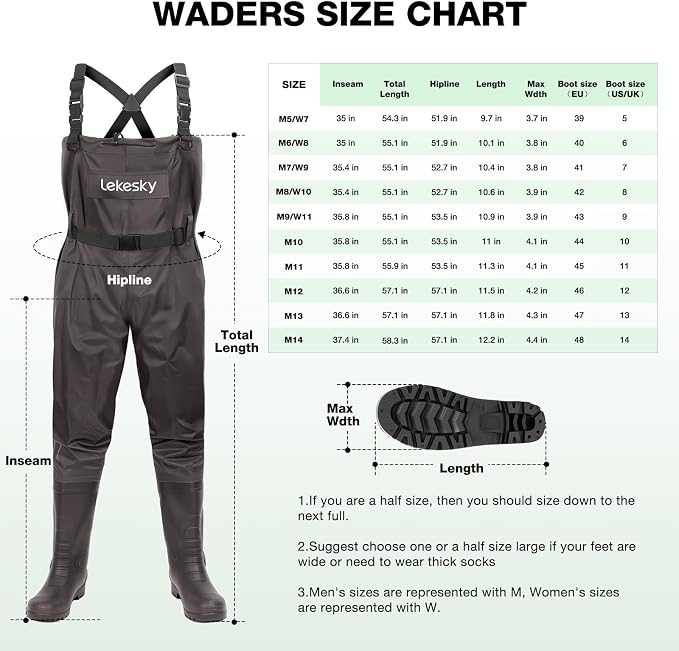 Lekesky Fly Fishing Chest Waders with Boots for Men Women, US Sizes 5–14,2-Ply Nylon/Pvc Waterproof Waders
