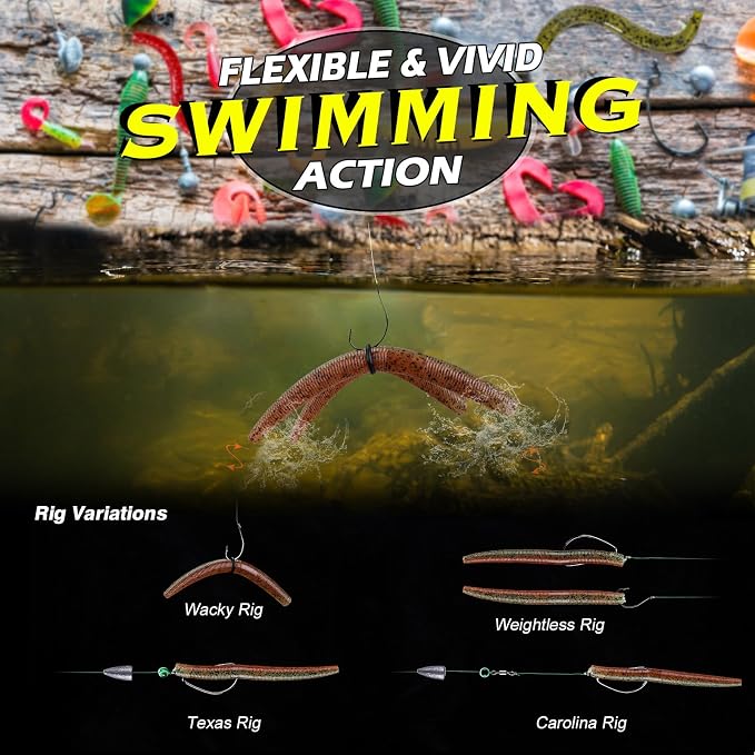 Goture 143pcs Wacky Worm Fishing Lure Kit,Bass Fishing Wacky Rig Tool Kit | Includes 4in/5in Soft Plastics Lures, Rig Tool, O-Rings, Worm Hooks, Drop Shot Hooks, Tackle Box