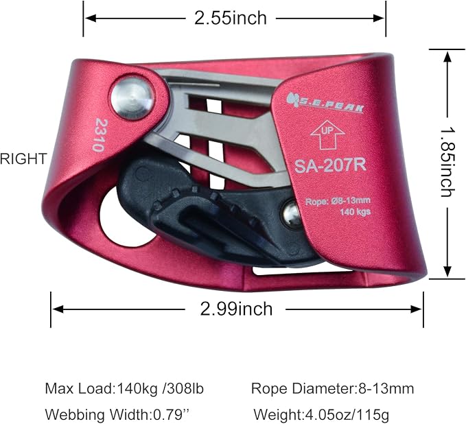 Foot Ascender Upgraded Foot Riser 140kgs Strong Rappelling Gear Equipment for Rock Climbing Tree Arborist, Climbing Rescue Caving, Mountaineering, 8~13MM Rope, Right/Left Foot, 4kN
