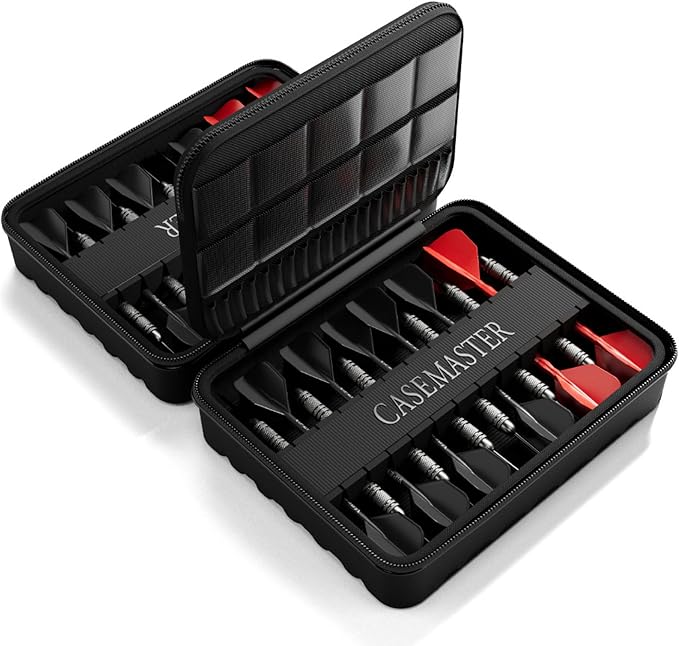 Casemaster Maxx 8 Dart Case, Holds 24 Steel Tip or Soft Tip Darts Fully Assembled, Hard Shell EVA Darts Case, 20 Accessory Pockets, Black