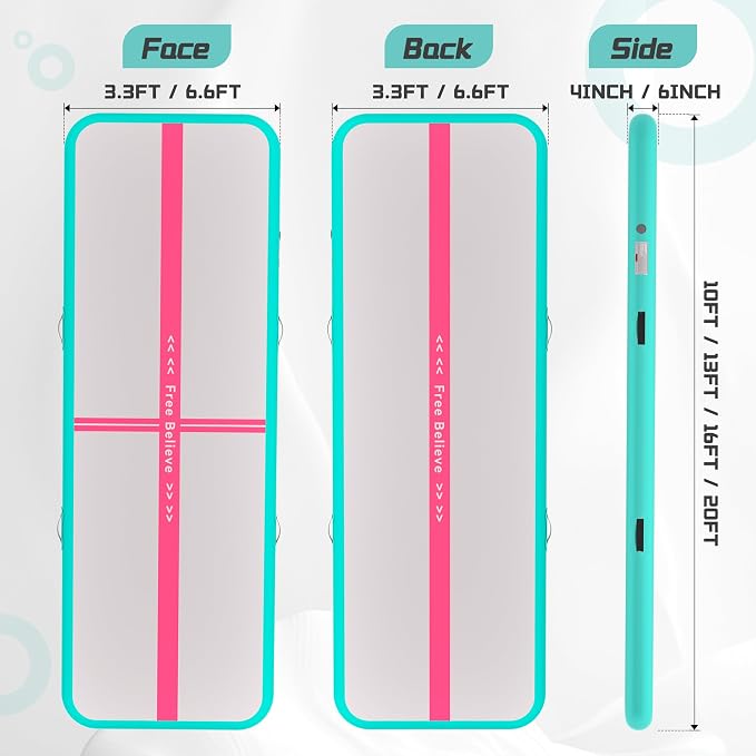 Pink Gymnastics Mat Inflatable Tumble Track Mats 10/13/16/20ft Training Mats for Home Air Mat for Kids with Pump 4”/6” Thick for Cheerleading/Yoga/Exercise/Parkour/Beach/Park/Water