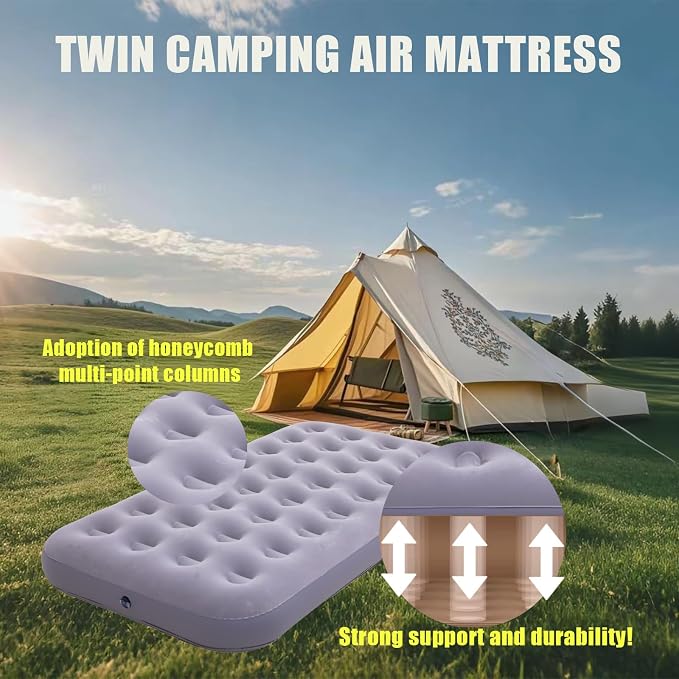 Onirii Twin Size Single Camping Air Mattress Bed with Air Pump | 75"x 39"Thickened Portable Inflatable Mattress Blow Up Air Mattress,Travel Sleeping Bed Pad for Camping Home Hiking(Gray)