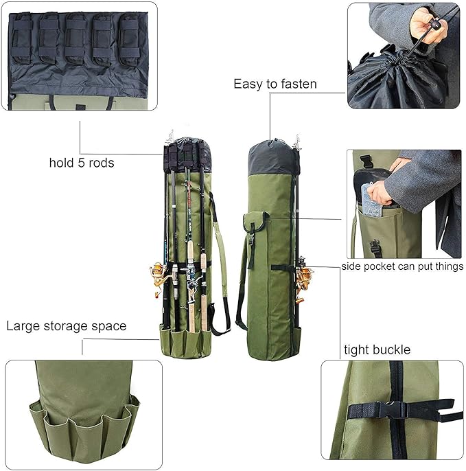 Allnice Durable Canvas Fishing Rod & Reel Organizer Bag Travel Carry Case Bag- Holds 5 Poles & Tackle