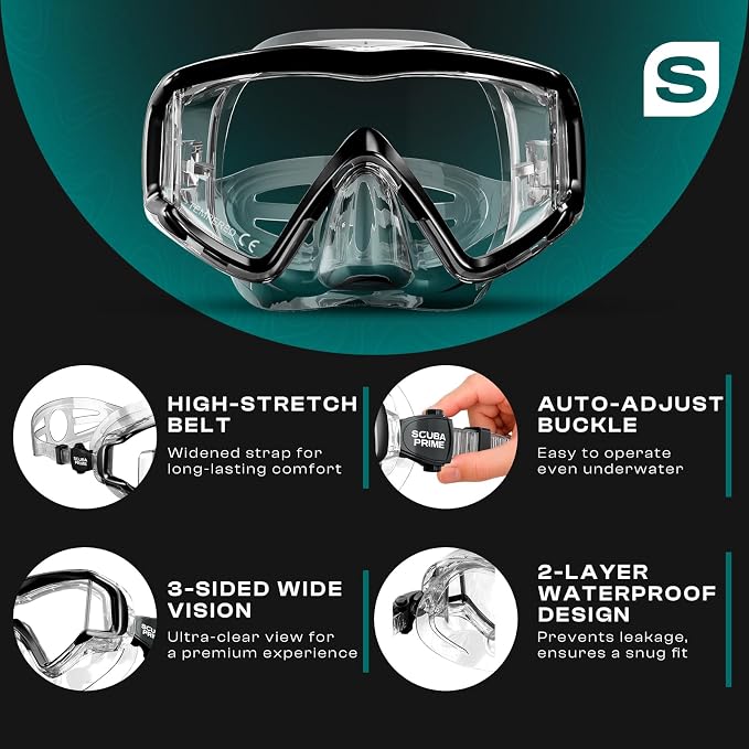 Pano 3 180° Panoramic Dive Mask, Three-Window Tempered Glass Scuba Mask with Dry Top Snorkel, Dual-Layer Silicone Skirt Anti-Leak Diving Gear for Men Women Teens Adults, 4 Color Options