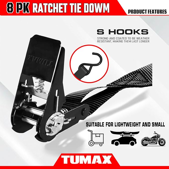 Ratchet Straps, 900 LB Break Strength, 8-Pack 10FT Ratchet Tie Down Straps Set for Motorcycle Straps Tie Downs, Appliances, Lawn Equipment, Logistic Cargo Straps for Trucks (Black)