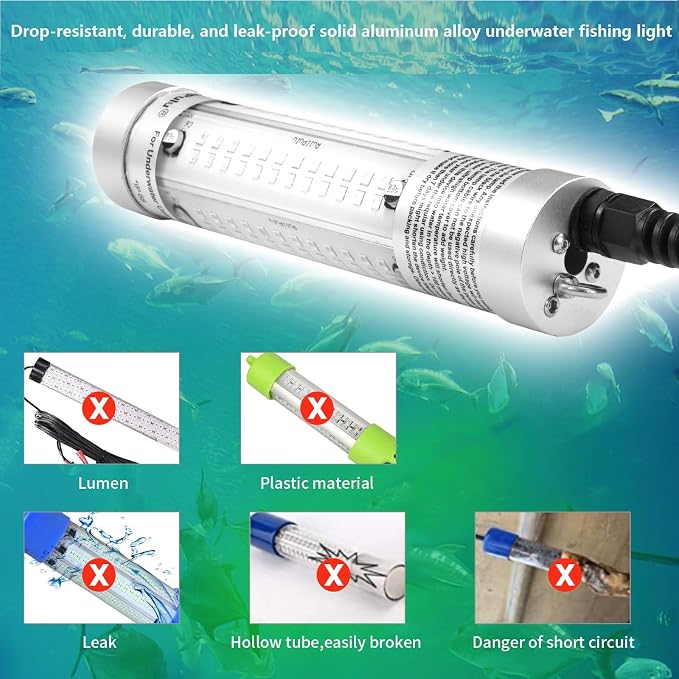 80W 9600lm Underwater Fishing Light, IP68 Waterproof Aluminum Super Bright Night Fish Attracting Submersible LED Lamp Lure Bait Finder for Freshwater Saltwater Sea Kayak Boat Ice Dock (Blue)