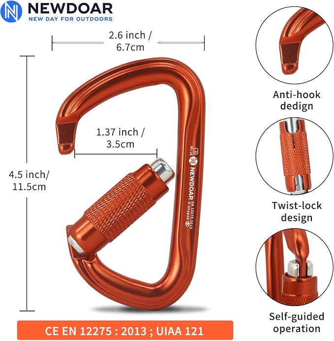NewDoar 28KN UIAA & CE Certified Auto Climbing Carabiner Professional Heavy Duty Caribeaner for Rappelling D-Shaped