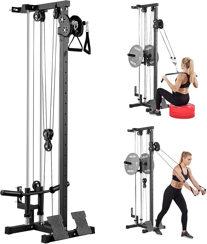 VEVOR LAT Pull Down Machine, 3-in-1 Row Cable Machine, Cable Machines Home Gym with 18-Levels Height Adjustment, Wall-Mount Design, Load 500 lbs LAT Tower for Full-Body Workouts, Single-Arm Training