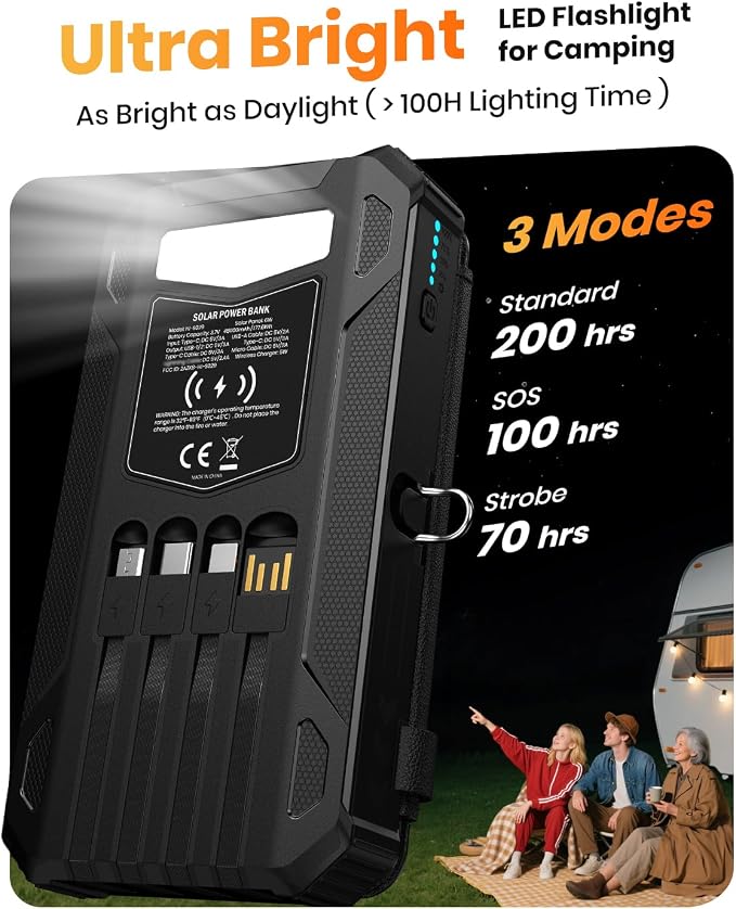 SOARAISE Solar Charger Power Bank 48000mAh PD QC 3.0 Fast Charging Wireless Portable Charger with 4 Solar Panels and 4 Cables, USB C Battery Pack for Cell Phone with Camping Flashlight, Carabiner