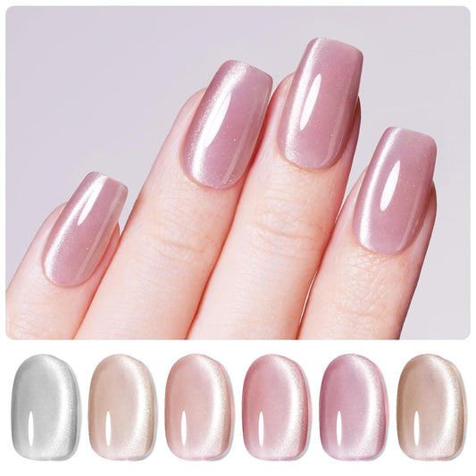 Beetles Cat Eye Gel Nail Polish Set - Nude Reflection Wedding Cat Eye Gel Polish Set, 6 Colors Silver Nude Pink Brown Neutral Mirror Shine Finish with Magnet Soak Off UV Manicure Salon Gift for Women