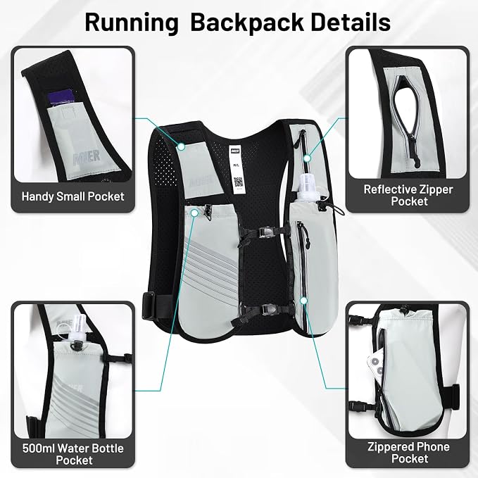 MIER Running Vest for Women Men, Lightweight Breathable Hydration Vest with 500ml Soft Flask Reflective Hydration Backpack for Marathon Cycling Hiking Jogging