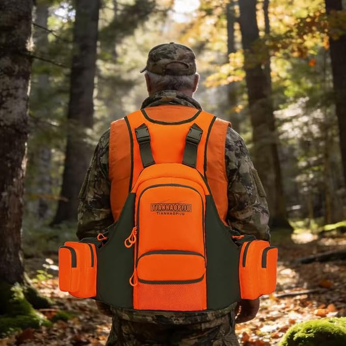 Upland Bird Hunting Vest Backpack, Waterproof Blaze Orange with Hydration Bladder, Built-in Compass & Whistle, Dog Gear Pockets, for Dove Pheasant Quail Breathable Tactical Hunting Vest