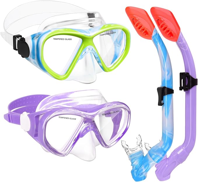 2 Sets Snorkeling Gear for Kids, Kids Snorkel Set for Ages 6-14, Dry Top Snorkel Mask Set for Youth Boys Girls Junior, Tempered Glass Diving Swimming Mask Goggles