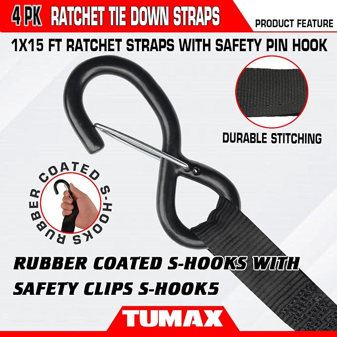 4-Pack Ratchet Straps, 15 FT Heavy Duty Tie Down Straps with 2000 LBs Break Strength, Ergonomic Rubber Handle & 4 Soft Loops, Cargo Straps for Motorcycle, ATV, UTV, Trailer & Moving - Black
