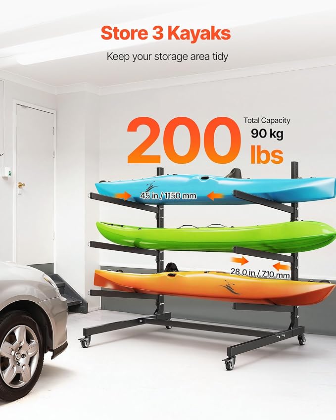 VEVOR Kayak Storage Rack, Heavy Duty Adjustable Freestanding Stand with Lockable Wheels for Indoor Outdoor Garage Shed Dock, Holder for Canoe, SUP, Surfboard & Paddleboard