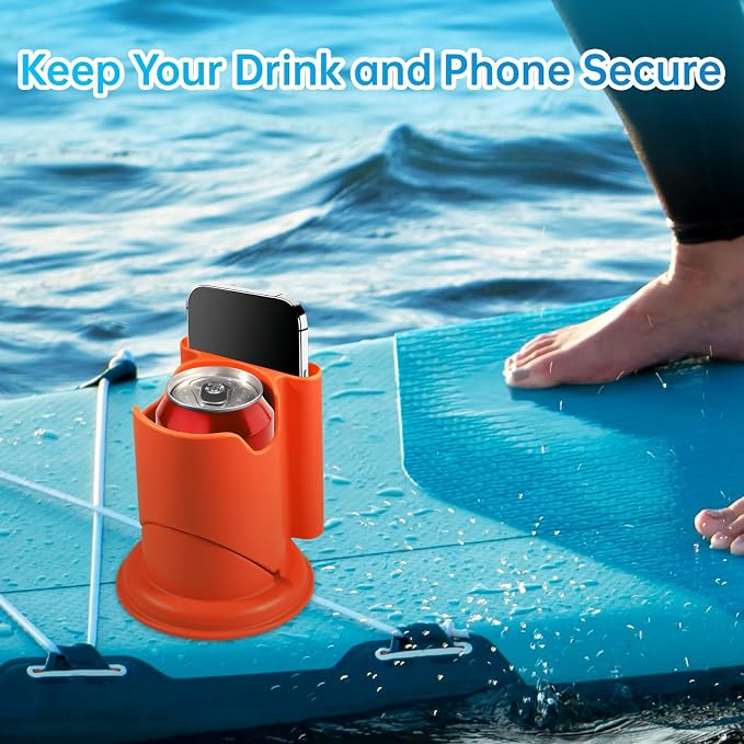 Paddle Board Cup Holder, Kayak Cup Holder 2-in-1 Drink & Phone Holder, Paddleboard and Kayak Accessories for SUP, Kayaking, Fishing, Yoga, or Surfing Adventures(Orange)