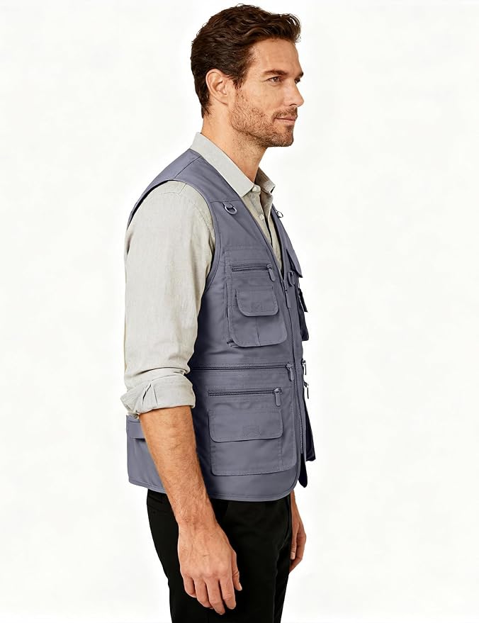 Flygo Men's Fishing Vest Utility Lightweight Outdoor Travel Safari Photo Cargo Vest with 16 Pockets