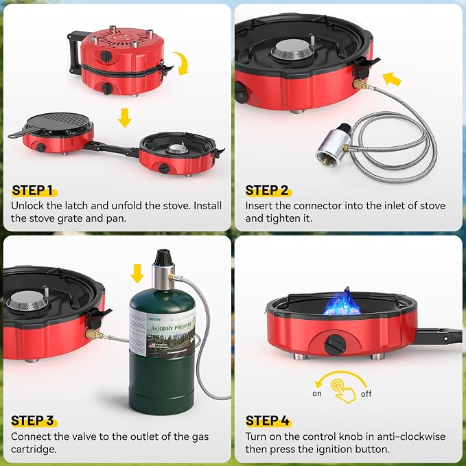 2 Burner Propane Camping Stove, 20000 BTU Foldable Portable Camp Stove with Piezo Ignition & Adjustable Burners, Outdoor Gas Cooker with Carry Bag for Camping, RV, Tailgating & Emergency Use
