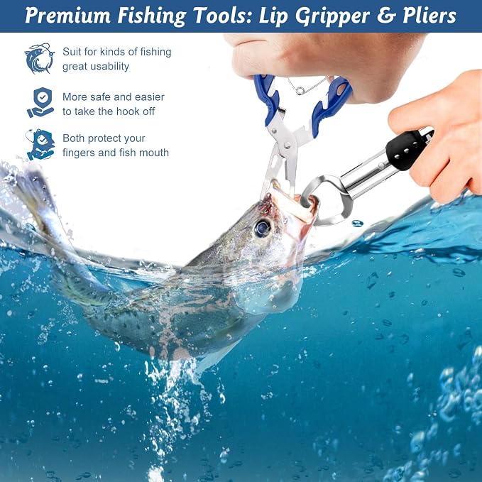 Fishing Tackle Kit Gifts for Men Unique, Fishing Gear Accessories Gift for Men, Fisherman Gift for Dad Grandpa, Gift Set for Fisherman, Fish Gear with Lip Gripper, Pliers, Tools, Lures