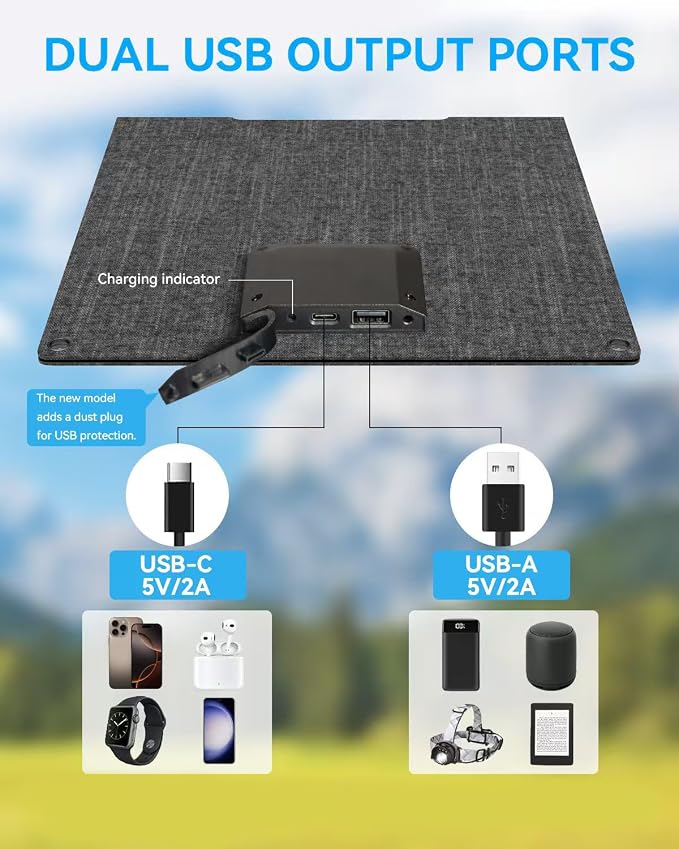 Ecosonique 15W and 30W Portable Solar Panel Charger with USB-A USB-C Ports and ETFE IP67 Waterproof Camping Backpacking Hiking Emergency for Phones，Tablets, Power Banks