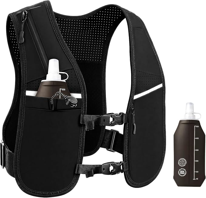 Running Vest for Women Men, Adjustable Chest Straps Running Hydration Vest for Marathon Jogging Trail Race Cycling Hiking, Lightweight Reflective Hydration Backpack with 500ml Soft Flask
