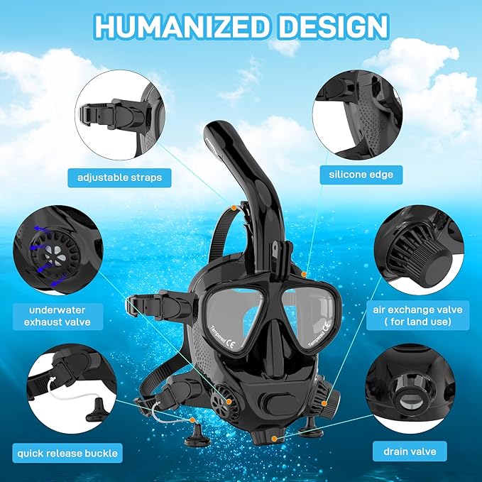 Full Face Dive Mask Support Diving & Snorkeling, Full Face Snorkel Mask Adjustable Scuba Mask with Camera Mount Provide 180° View Panoramic Compatiable with SMACO 1L/1.9L Mini Scuba Tanks