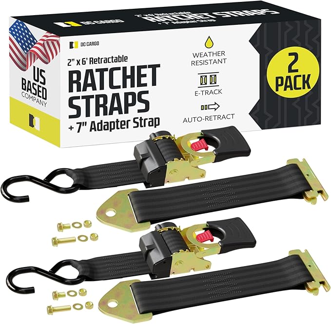 DC Cargo Mall Bolt-on E Track Auto Retractable Ratchets Straps Heavy Duty (2 Pack) 2 Inch x 6 Ft - Retractable Ratchet Tie Down Straps for Boats, Jet Skis, Motorcycles, ATVs - 4,000 lbs Break Strength