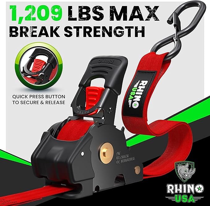 Rhino USA Retractable Ratchet Straps (4-Pack) - 1 Inch x 10 Feet (1,209lb Break Strength) - Auto Self Retracting Tie Down Straps for Truck, Cargo Trailer, Motorcycle, ATV, UTV - Red