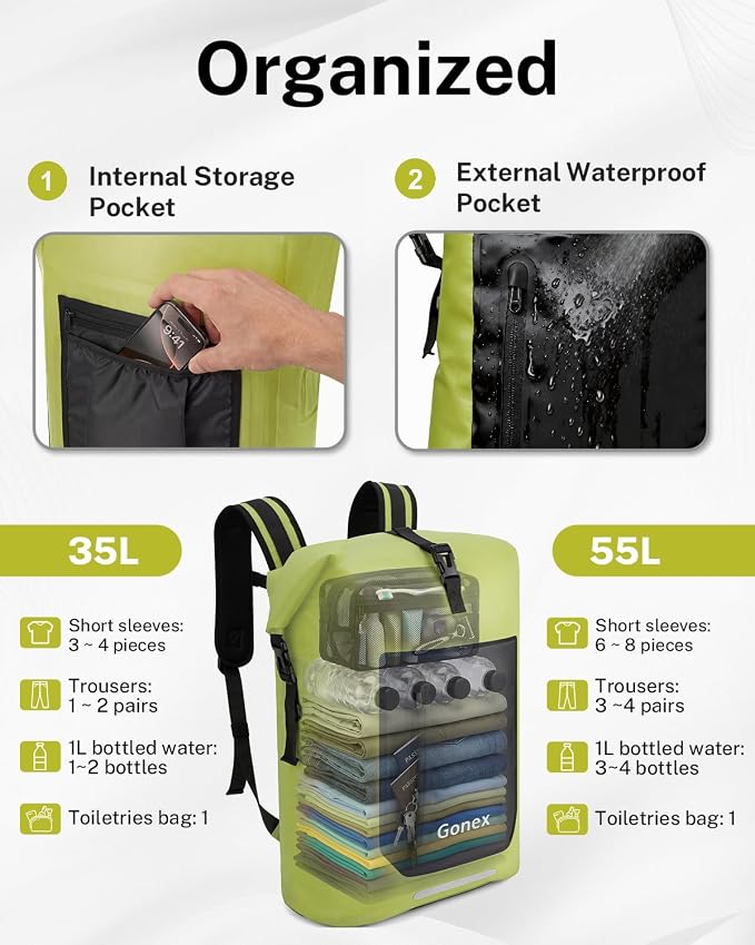 Gonex Ultralight Waterproof TPU Backpack, 35L Roll Top Dry Bag with Comfortable Padded Back Panel for Kayaking Boating Camping Fishing Travel,Green