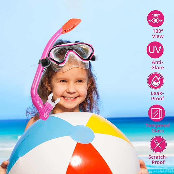 Kids Snorkeling Set - Adjustable Flippers + Panoramic Snorkel Mask + Dry Snorkel Tube + Travel Bags - Suitable for Kids & Juniors, Age 5-14