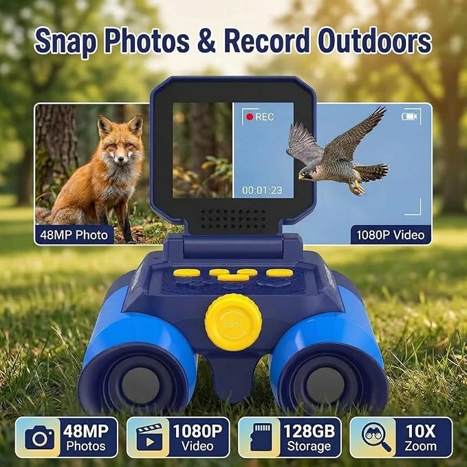 Kids Binoculars with Night Vision Camera, 10X Zoom Digital Adventures Telescope with 2.4" IPS Screen, Nature Explorer STEM Toys for Bird Watching Camping, Gifts for Boys Girls Age 4-12 - Azure