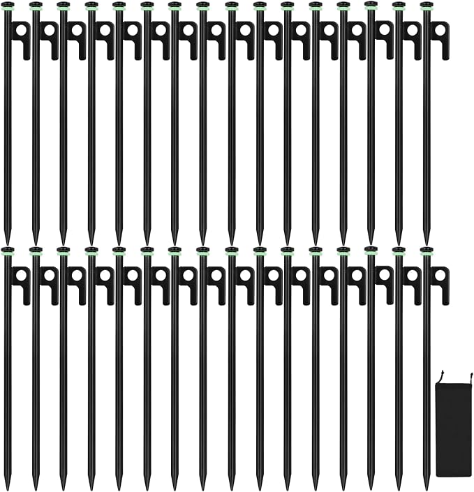 32Pcs Tent Stakes, 12in Heavy Duty Tent Stakes with Storage Pouch, Forged Steel Tent Sakes Metal, Metal Stakes for Tent Used on Grassland, Snowfield, Dessert(32Pcs, 12in, Diameter 3/8")