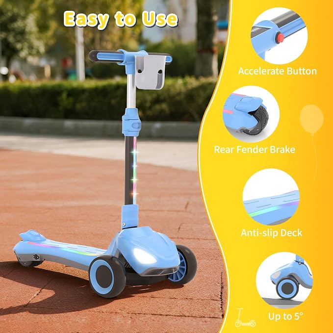 SIMATE Electric Scooter for Kids Ages 3+, 3 Wheel Balance Scooter, 3 Adjustable Heights, Foldable & LED Display & Thumb Throttle, Long Battery Life, Full Body Lights Up, Gift for Kids Boys Girls