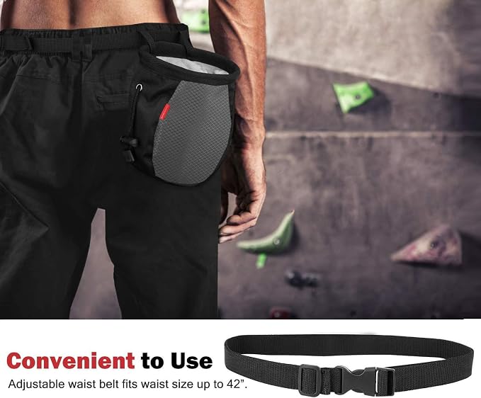 Rhino Valley Climbing Chalk Bag, No Leak Drawstring Chalk Bag with Adjustable Belt, Carabiner Clip and Zippered Pockets Chalk Bag for Rock Climbing, Cross Fit, Weight Lifting & More