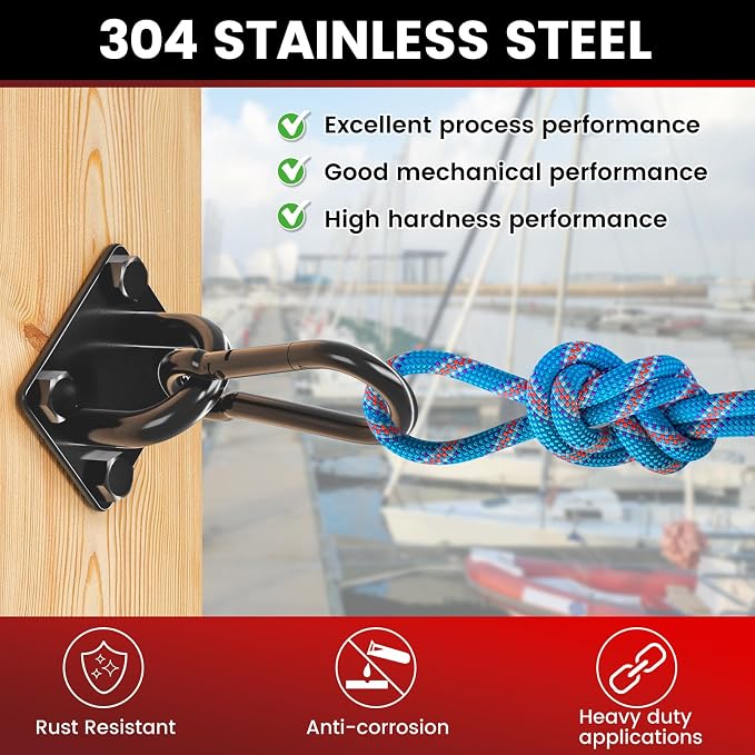 sprookber 304 Stainless Steel Pad Eye Snap Hooks, M10 Heavy Duty Ceiling Hooks, 1700lb Capacity Hammock Swing Hanging kit, Plant Hangers, Marine Hardware Staple Hook Loop with Screws, Set of 8(Black)
