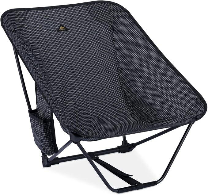 iClimb Low Ultralight Compact Camping Folding Chair with Side Pocket and Carry Bag (Black Grid)
