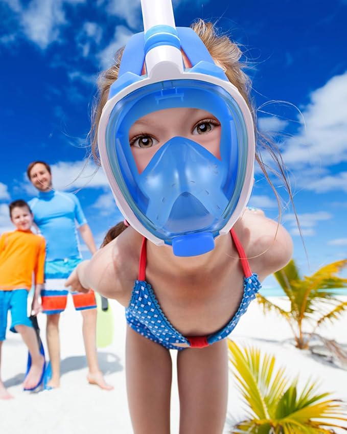 WSTOO Kids Full Face Snorkel Masks,Suitable for Beginners Dry Top Snorkeling Gear,Can Your Mouth or Nose to Breathe,180 Degrees Panoramic View,Anti-Fog Anti-Leak,Summer Travel and Vacationing Gifts