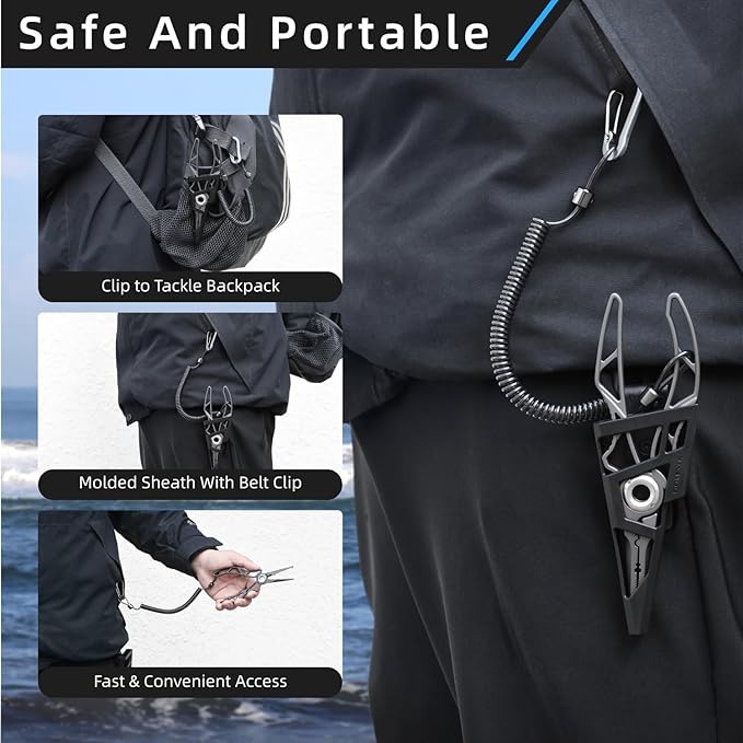 Gomexus 7 Inch Fishing Pliers and Titanium Plating, Saltwater Resistant Fishing Gear, Line Cutter, Hook Remover, Stainless Steel Split Ring Pliers with Carbide Blade-EXOSKELETON 7"